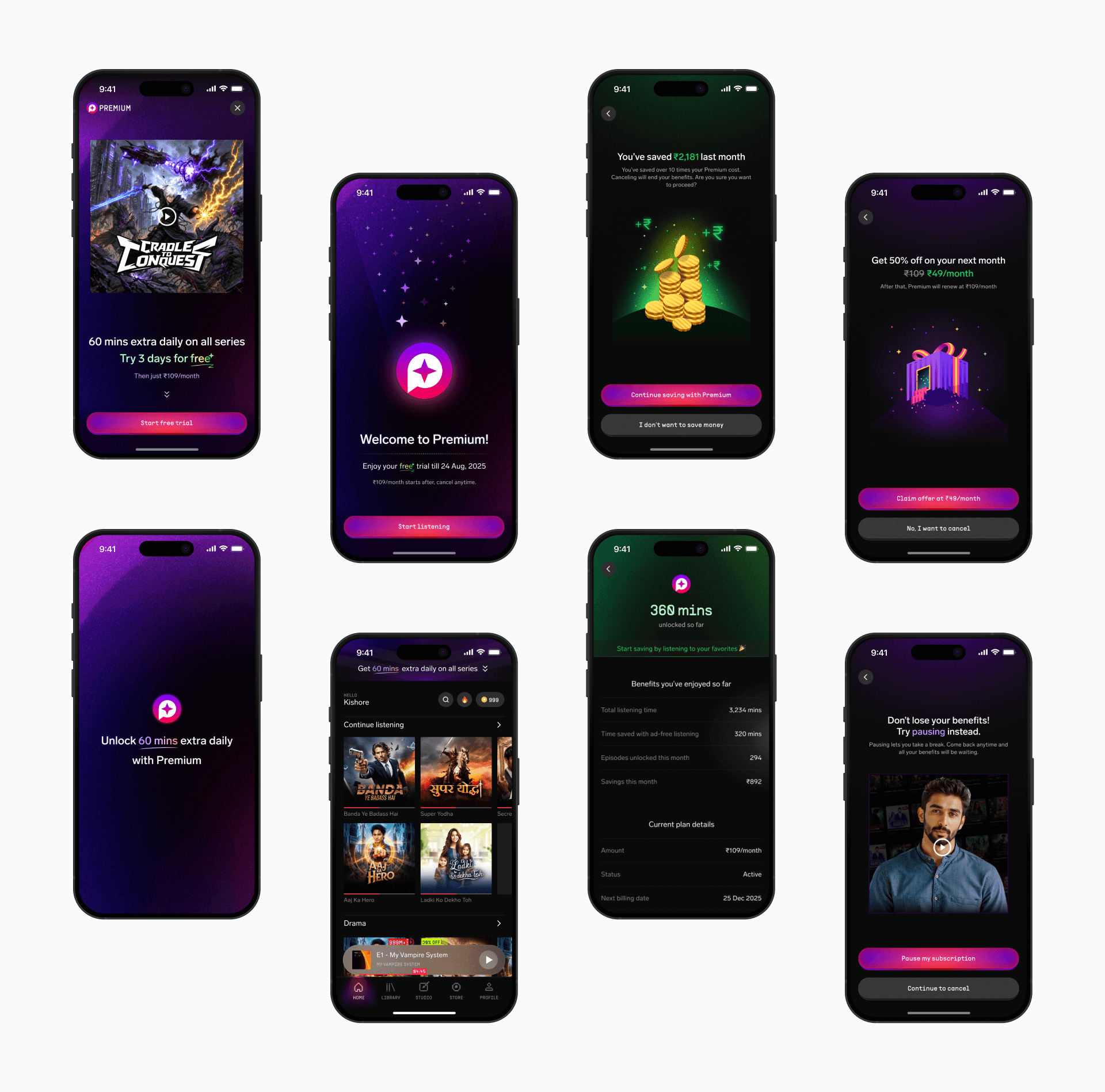 Additional Premium screens across the subscription lifecycle.