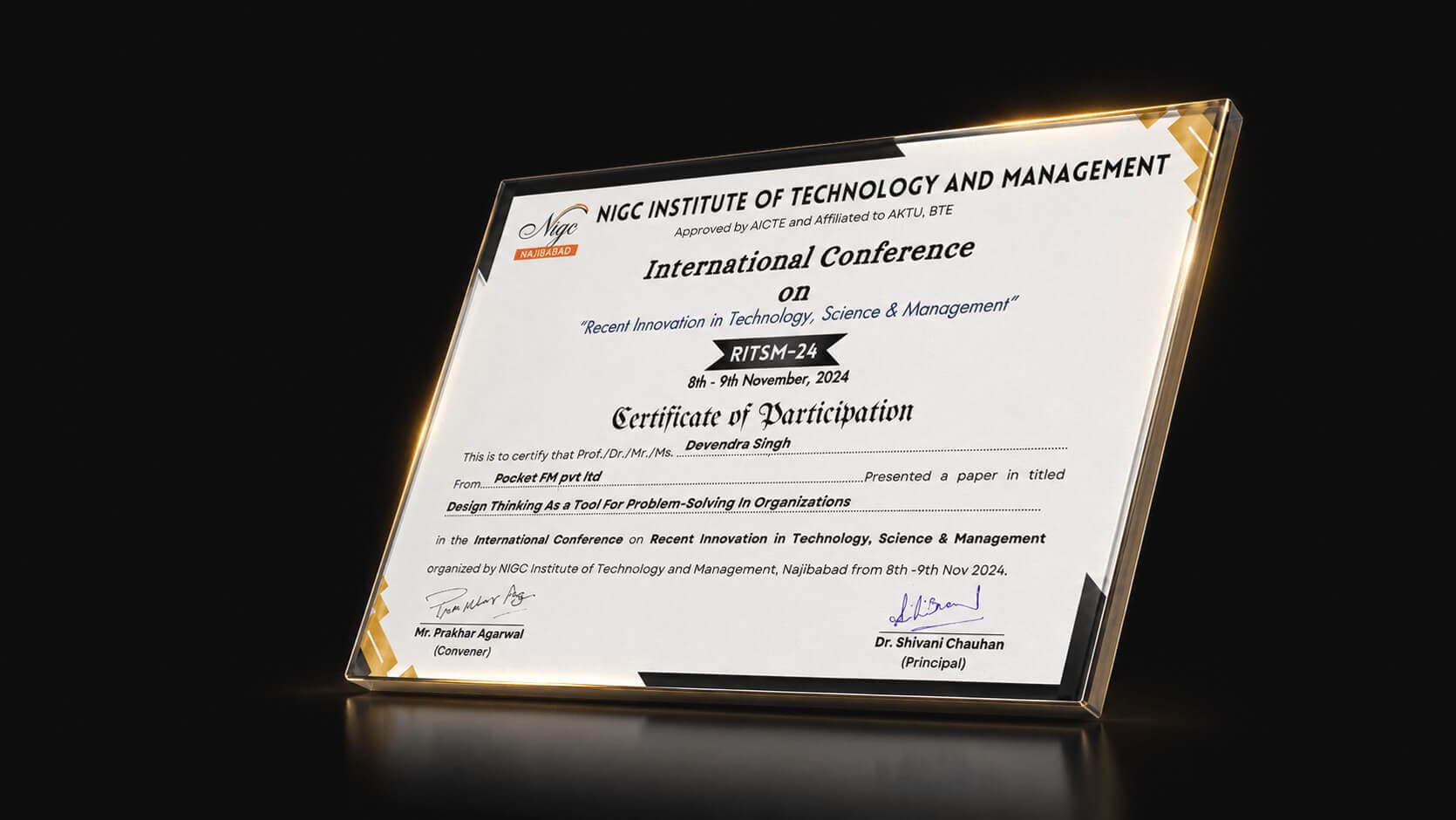 Certificate of participation for Devendra Singh at RITSM-24