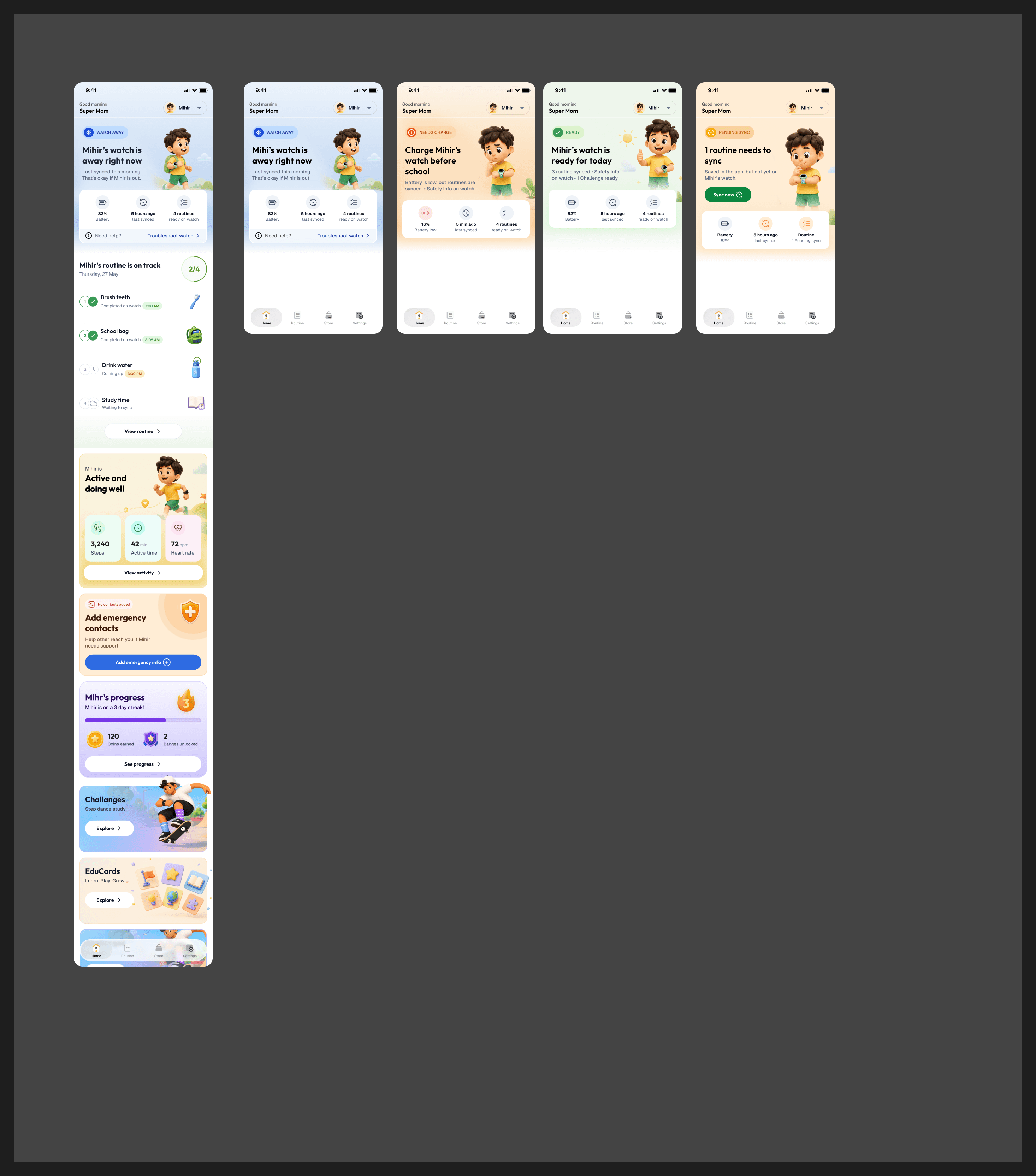 Noise Junior Home redesign showing reassurance dashboard and design rationale