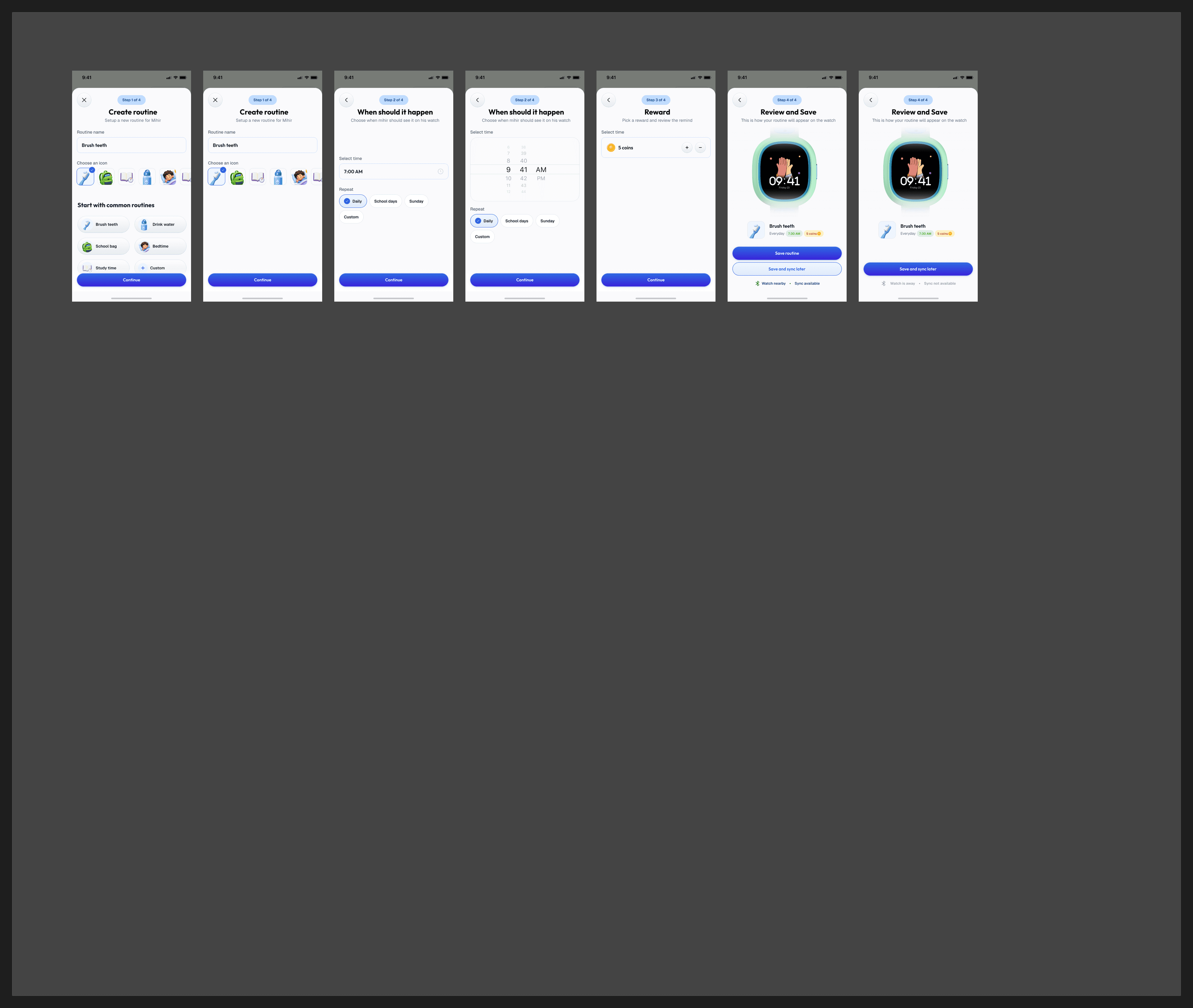 Noise Junior setup routine redesign section showing setup flow screens